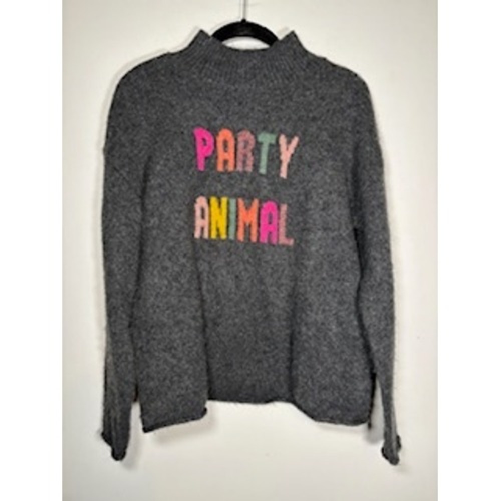 Lou &‎ Grey Party Animal Mock Neck Sweater Gray XS Graphic Knit Pullover Fun